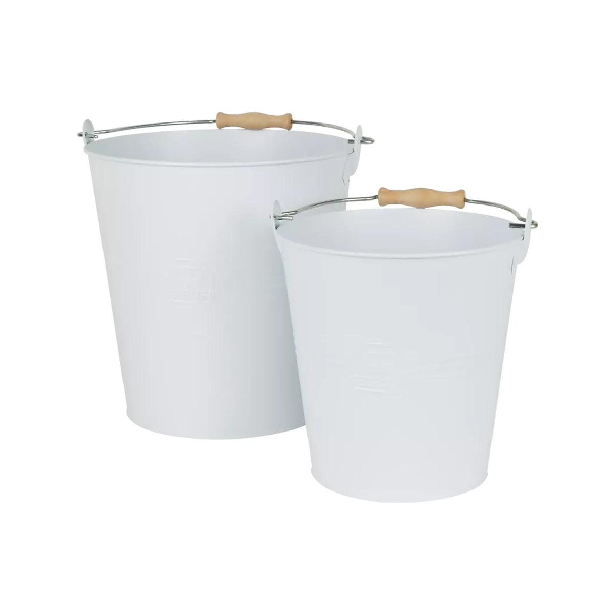 pack de dos cubos metalicos blancos de 5 y 10 litros con asa de madera