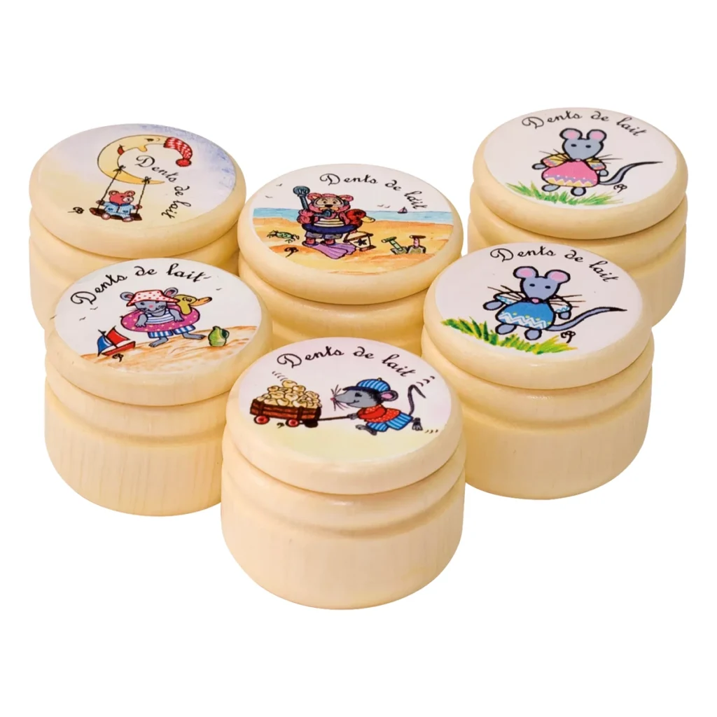 caja de madera para dientes de leche con seis ilustraciones surtidas