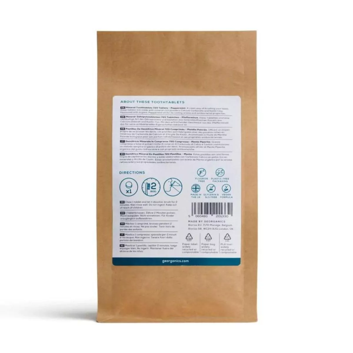 Dentífrico en pastillas de menta formato refill 720 unidades parte trasera