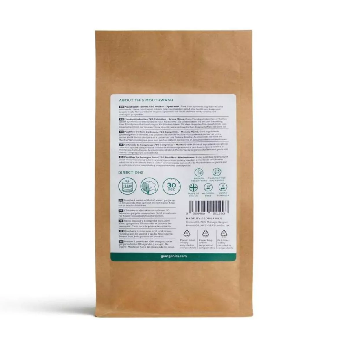 Parte trasera del Enjuague bucal en pastillas de hierbabuena Parte trasera del Enjuague bucal en pastillas de hierbabuena