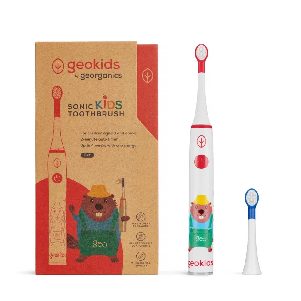 cepillo de dientes eléctrico infantil sónico georganics con su caja de cartón y un cabezal azul de repuesto