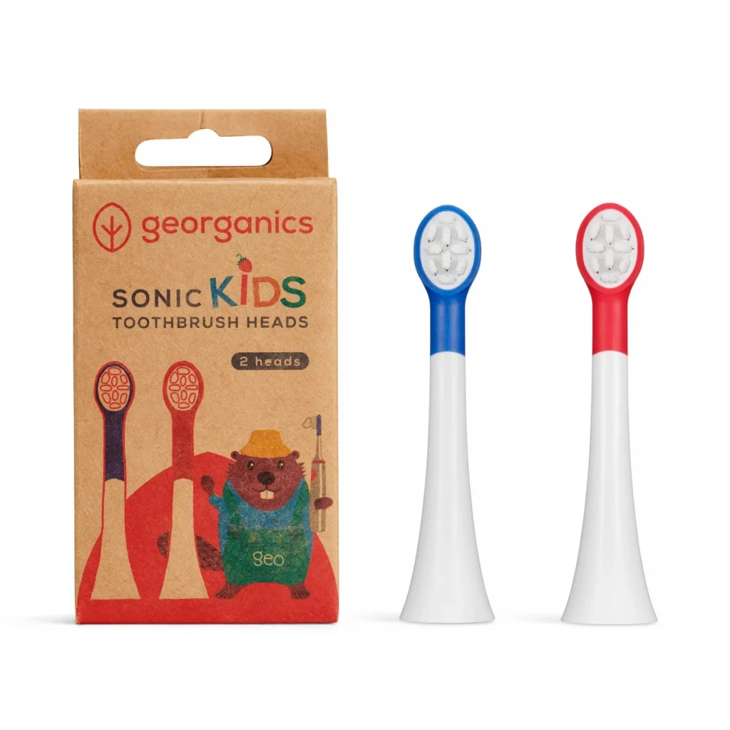 caja de cartón de los cabezales de cepillo eléctrico infantil georganics con los dos cabezales, azul y rojo