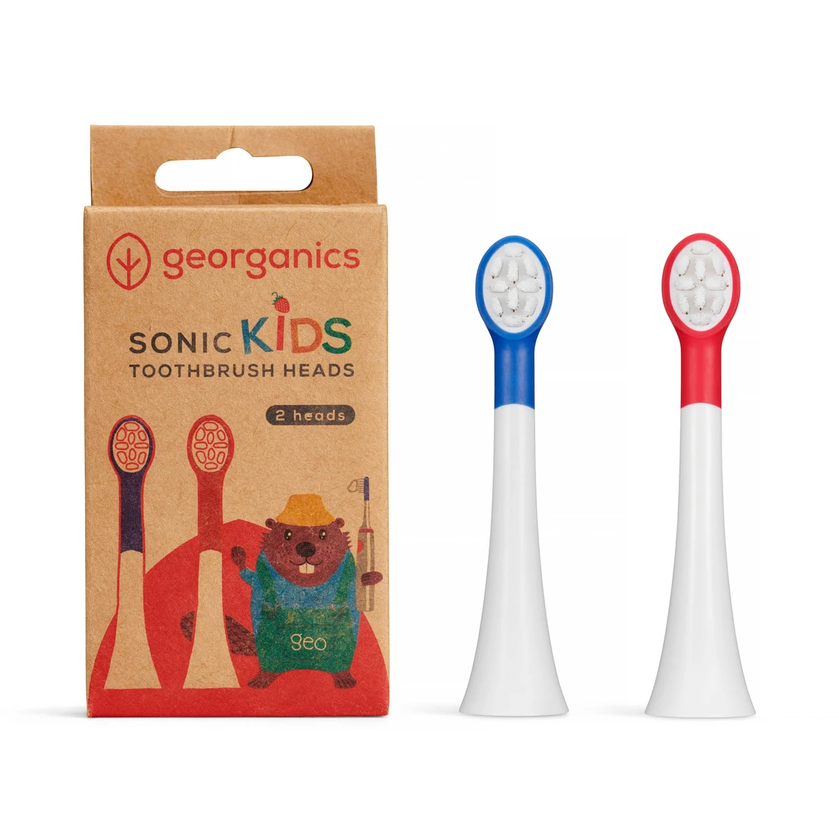 caja de cartón de los cabezales de cepillo eléctrico infantil georganics con los dos cabezales, azul y rojo