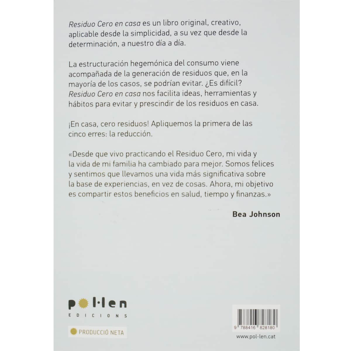 Libro Bea Johnson Residuo Cero en casa contraportada sinopsis