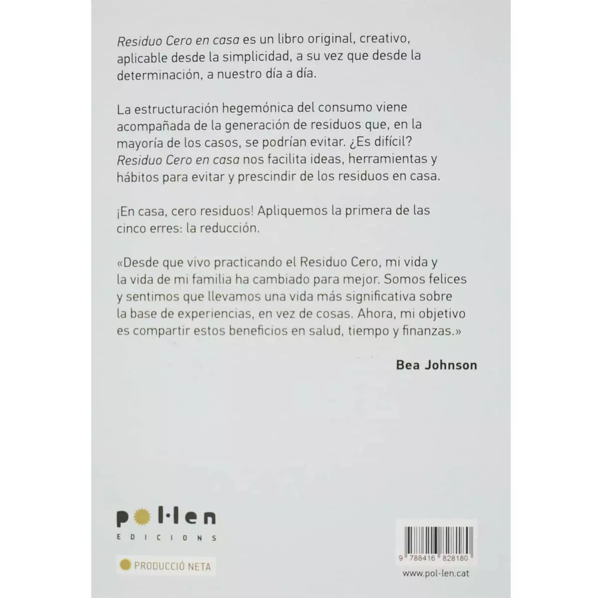 Libro Bea Johnson Residuo Cero en casa contraportada sinopsis