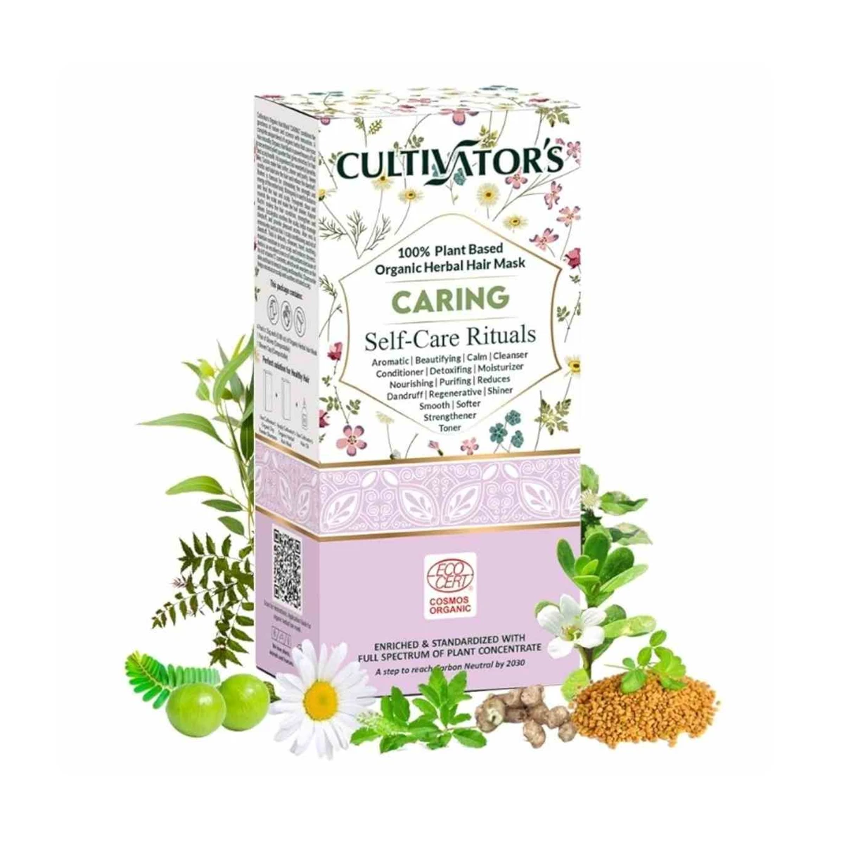 caja de mascarilla capilar orgánica en polvo caring de cultivators con plantas y semillas de sus ingredientes