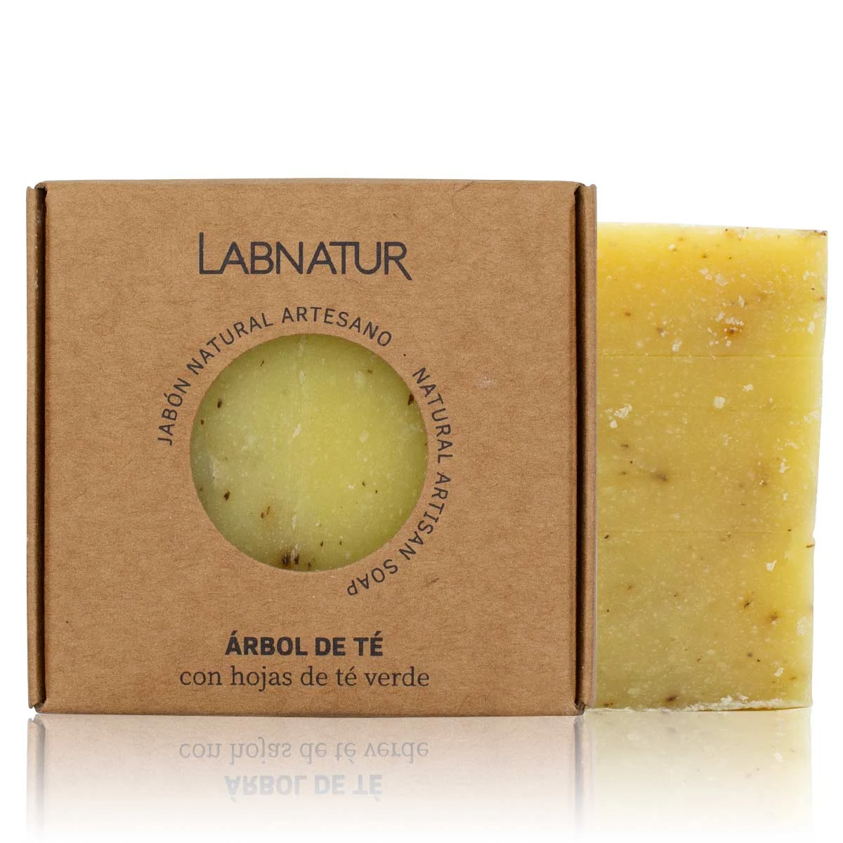 jabon natural premium de arbol de te y te verde labnatur en caja de carton kraft