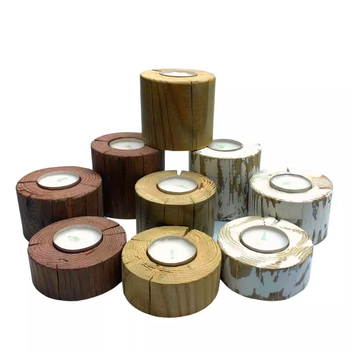 Pack de 3 portavelas de madera recuperada