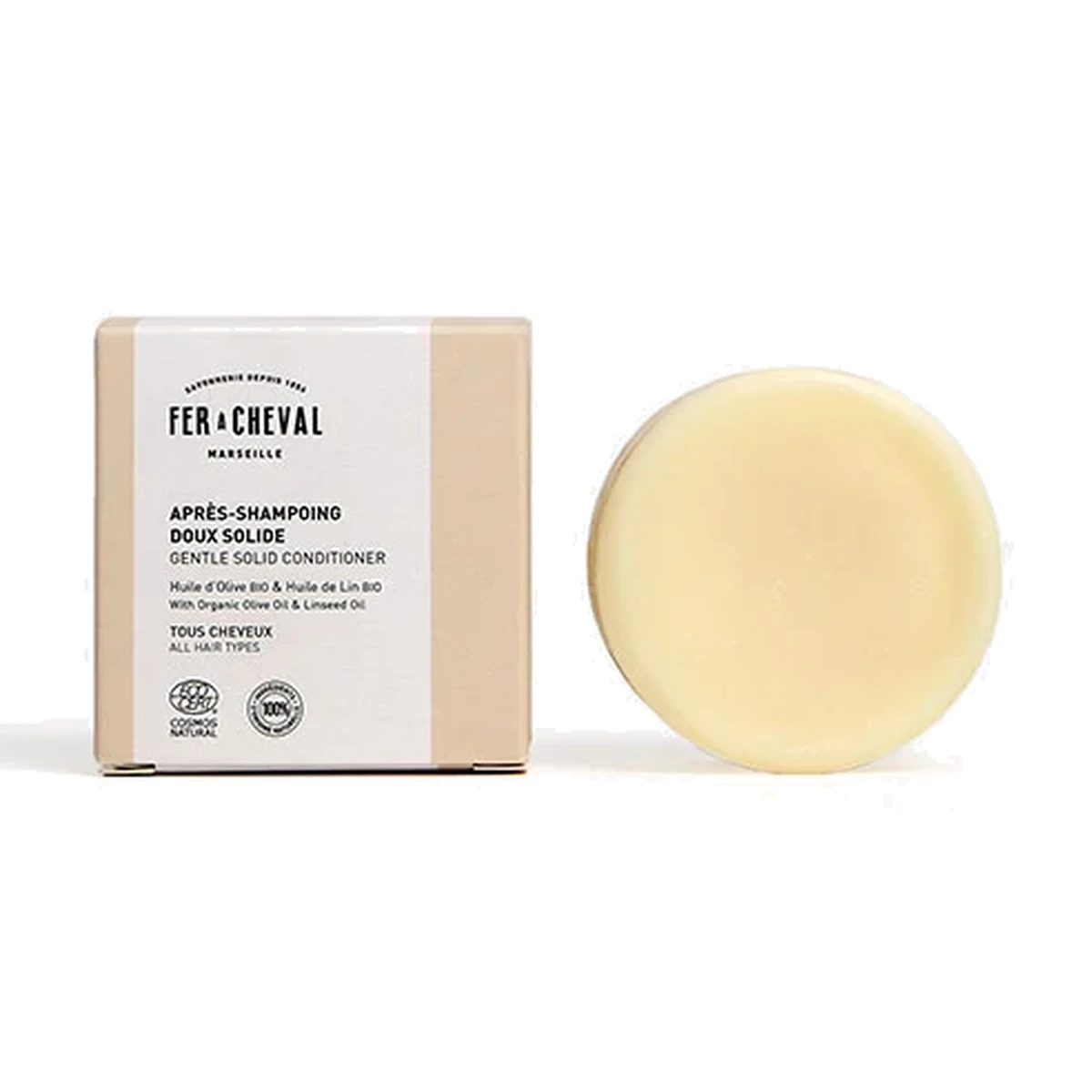acondicionador en pastilla con aceite de oliva y lino bio fer a cheval 45 g con su caja