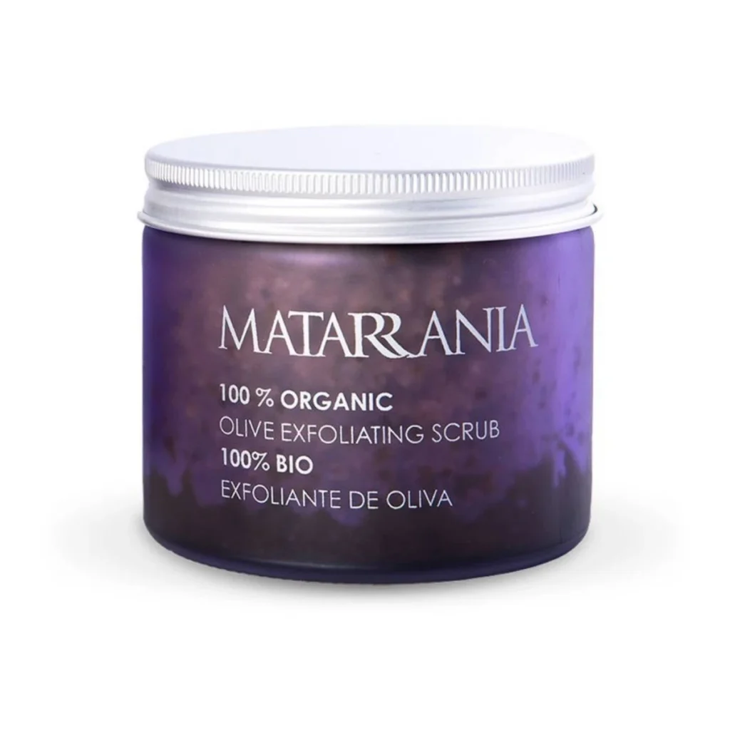 tarro de cristal morado con tapa de aluminio de exfoliante facial y corporal de oliva bio de matarrania