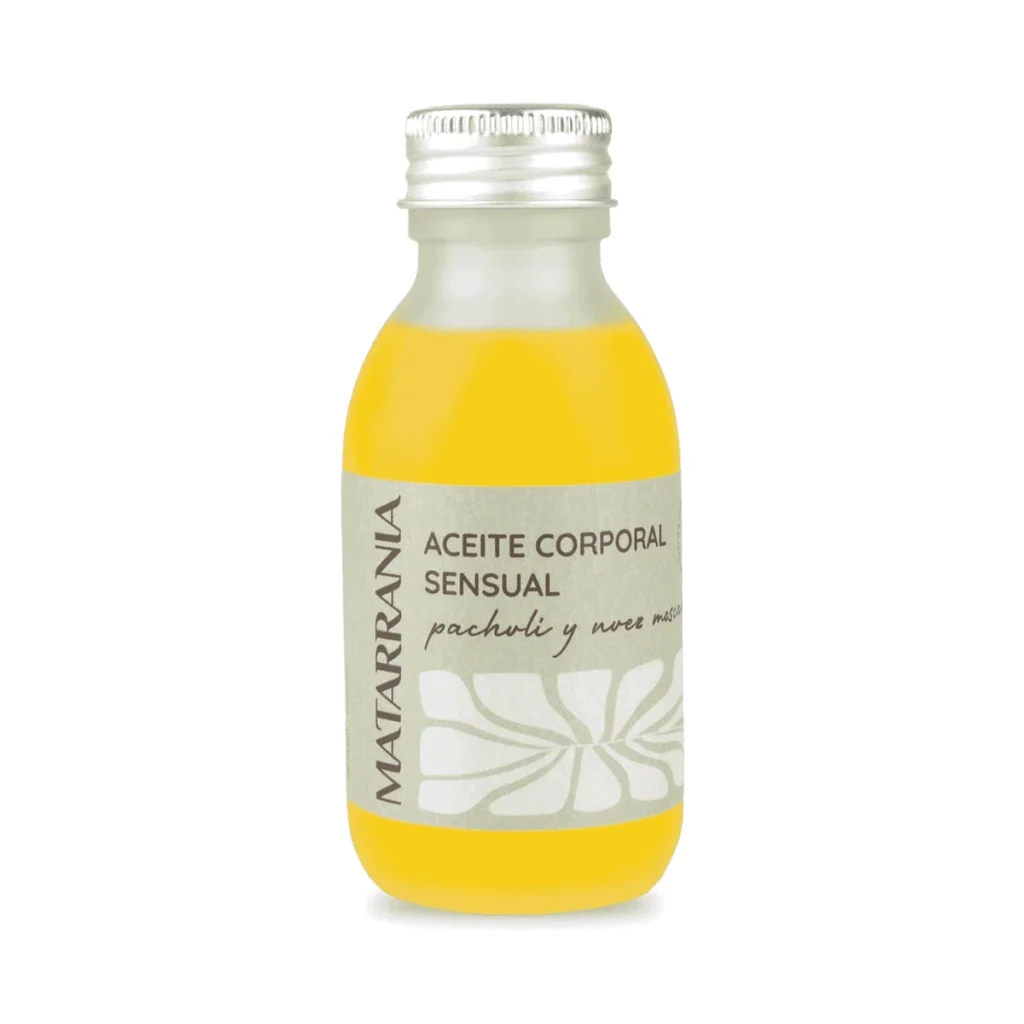 botella de cristal de aceite corporal sensual de pachuli y nuez moscada ecológico matarrania