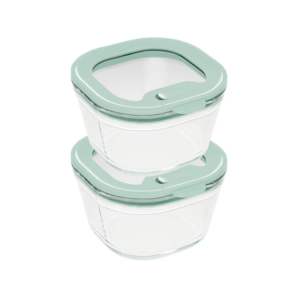 pack de dos taperes de vidrio pequenos pebbly 240 ml apilados con tapa verde salvia