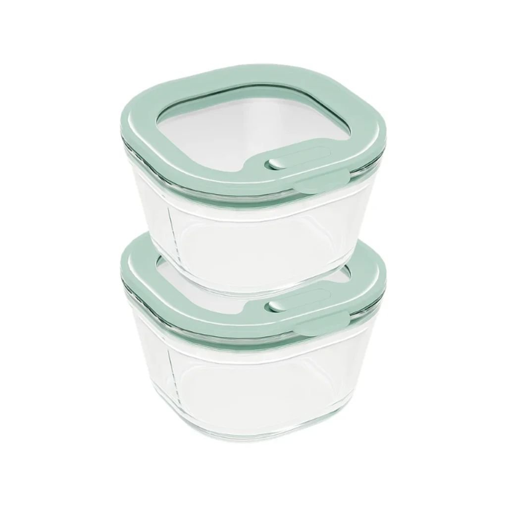 dos taperes de vidrio pebbly de 240 ml apilados con tapa hermetica verde menta