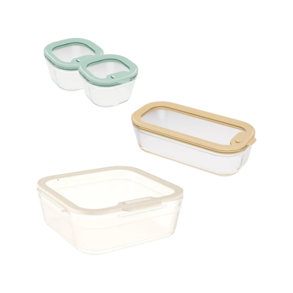 set de 4 taperes de vidrio pebbly con tapa hermetica dos de 240 ml uno de 560 ml y una fuente de 2,9 l