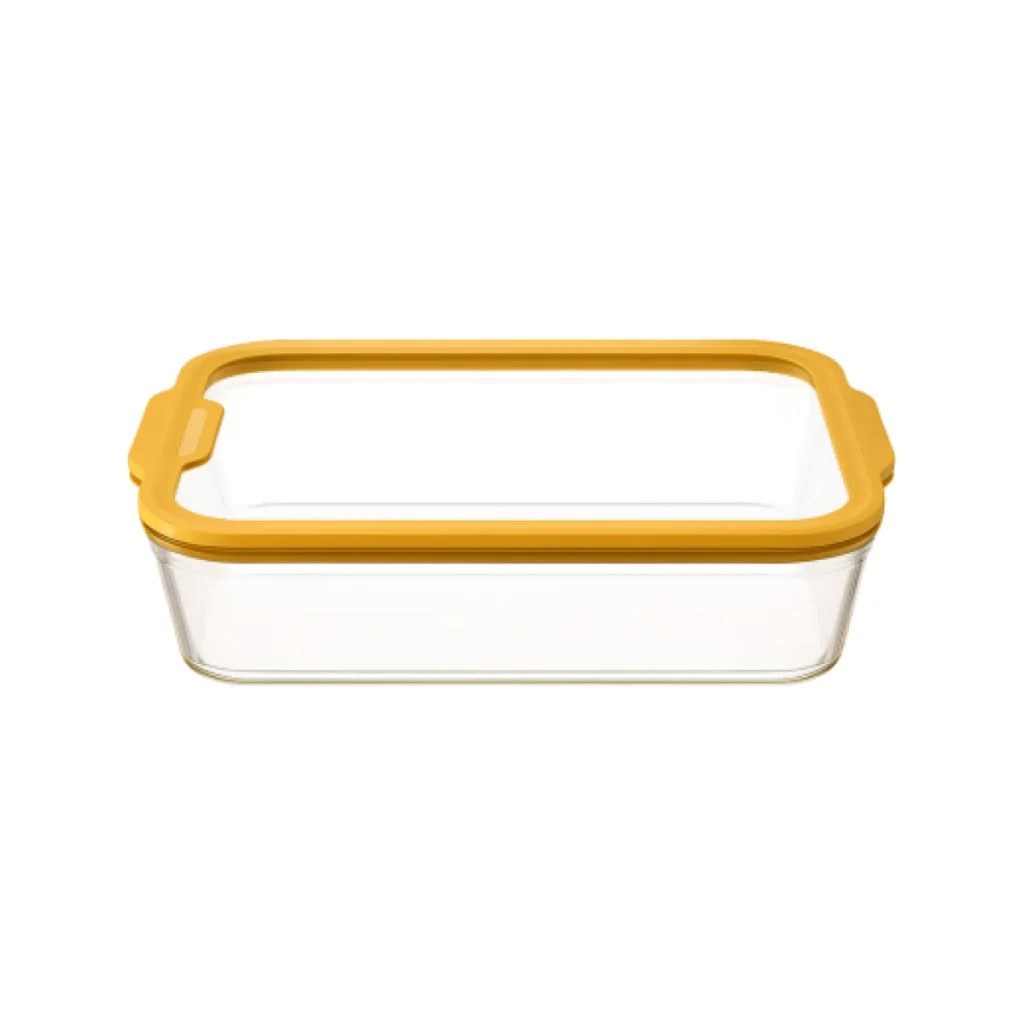 fuente rectangular de vidrio pebbly con tapa hermetica mostaza