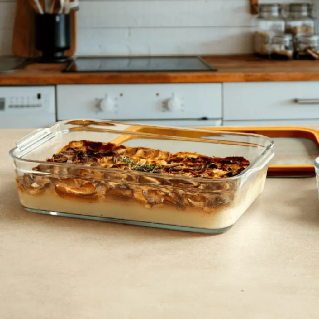 fuente de vidrio pebbly con verduras gratinadas sobre la encimera de una cocina