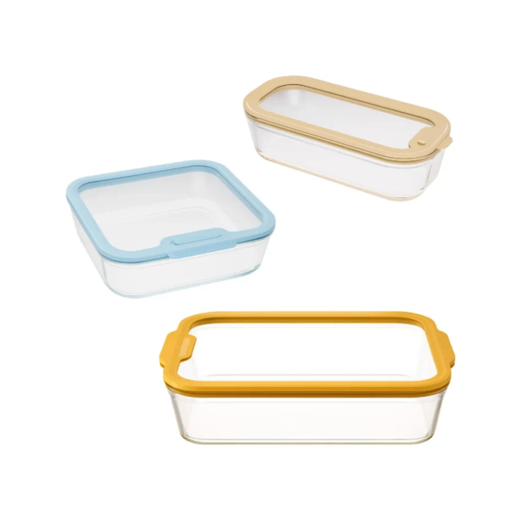 set de 3 taperes de vidrio pebbly con tapa hermetica alargado cuadrado y fuente rectangular