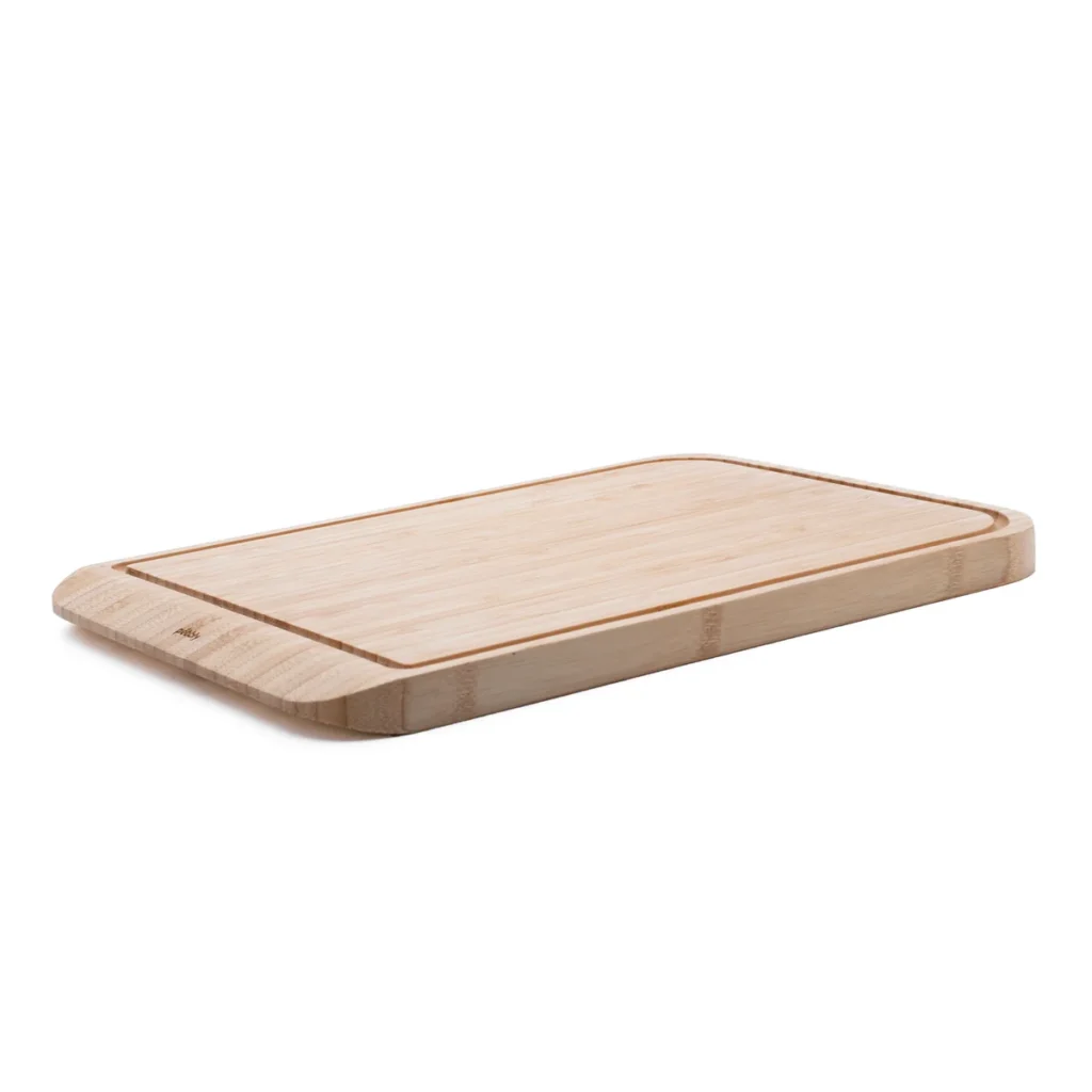 cara de cortar con canal recogejugos de la tabla de bambu pebbly