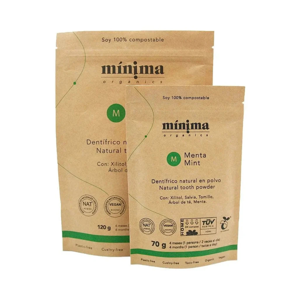 bolsas compostables de pasta de dientes en polvo sabor menta de mínima organics de 120 g y 70 g