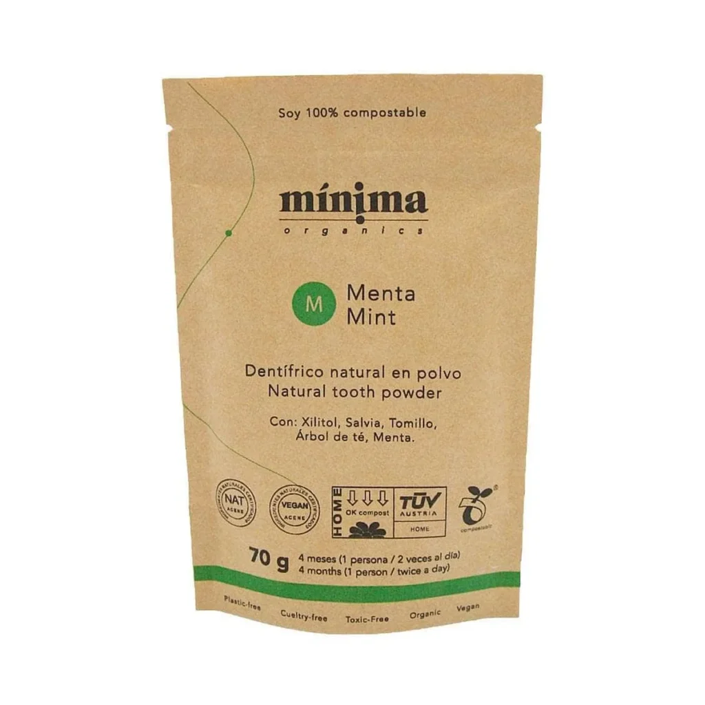 recarga de pasta de dientes en polvo sabor menta de mínima organics en bolsa compostable de kraft de 70 g