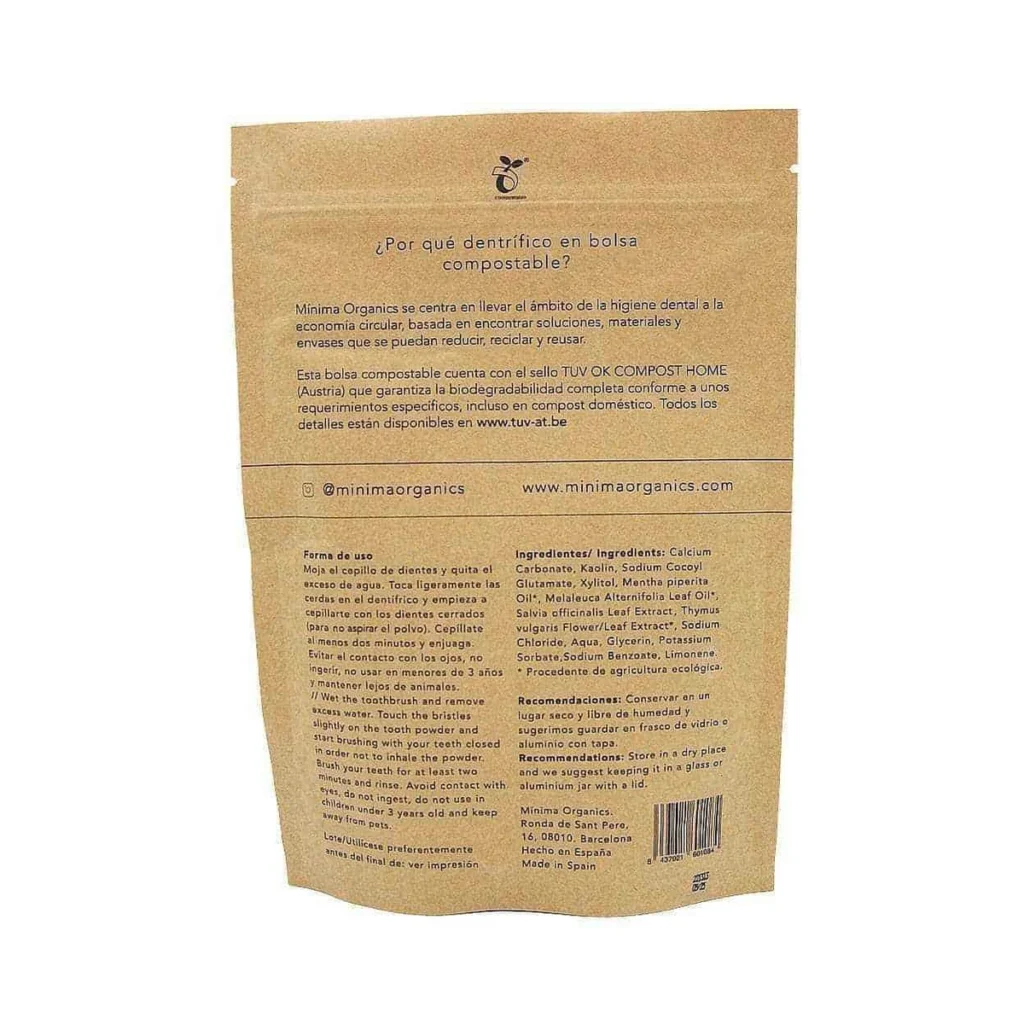 parte trasera de la bolsa de pasta de dientes en polvo de mínima organics con ingredientes y modo de uso
