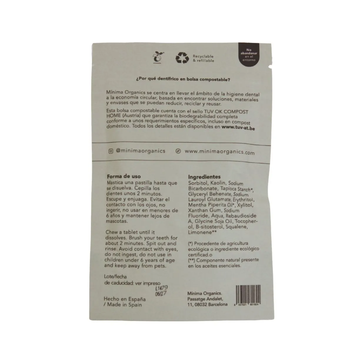 Dentrífico Natural Pastilla Menta Ingrediente