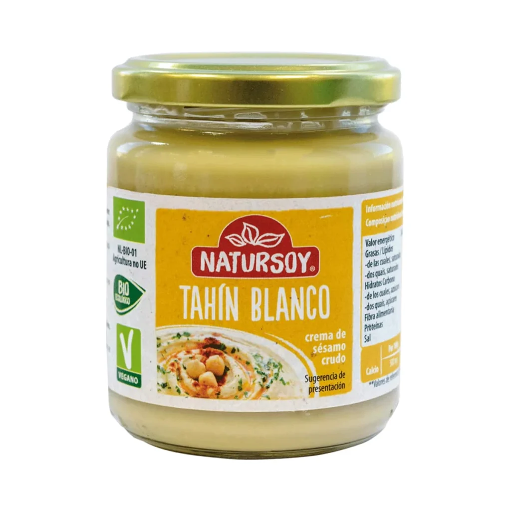 tarro de cristal de tahín blanco crudo, crema de sésamo ecológica natursoy 250 g