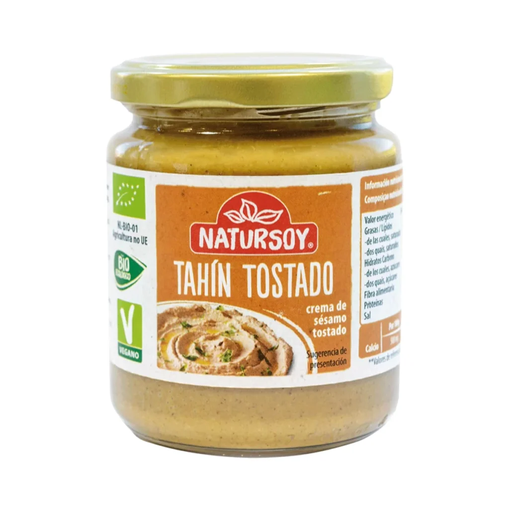 tarro de cristal de tahín tostado, crema de sésamo tostado ecológica natursoy 250 g