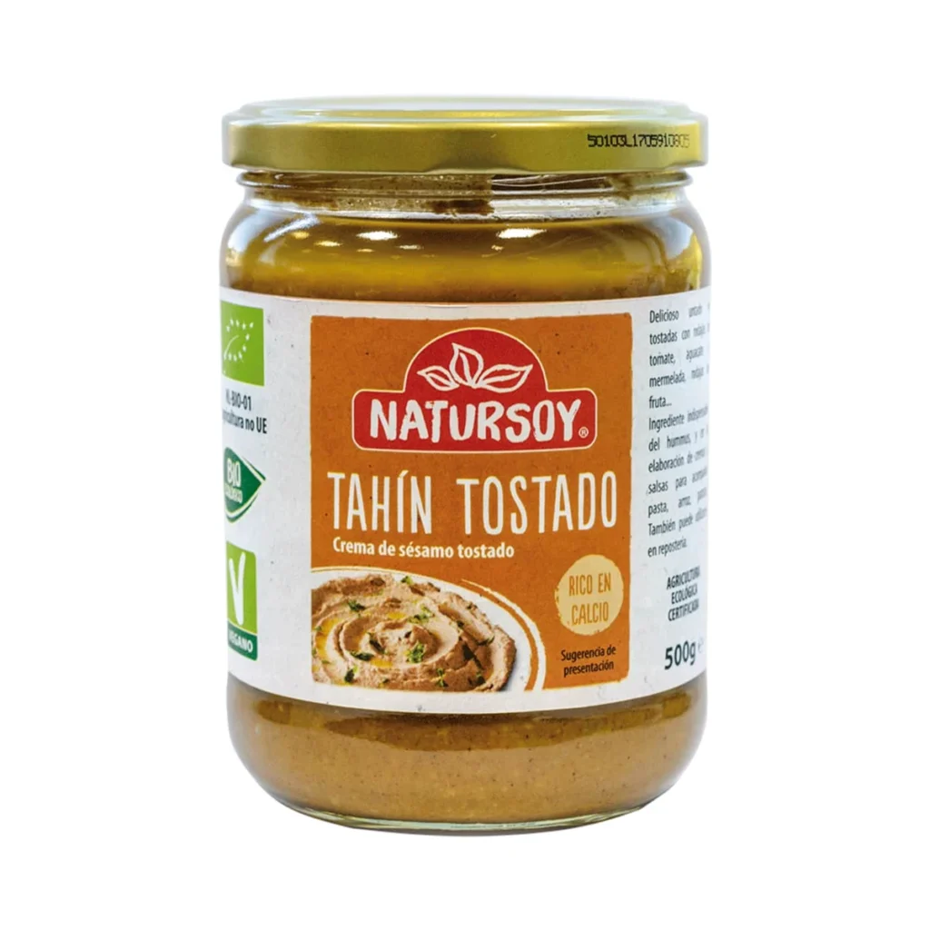 tarro de cristal de tahín tostado, crema de sésamo tostado ecológica natursoy 500 g