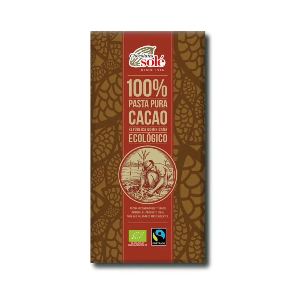 tableta de chocolate negro 100% 90 g ecológico de chocolates solé en su envoltorio