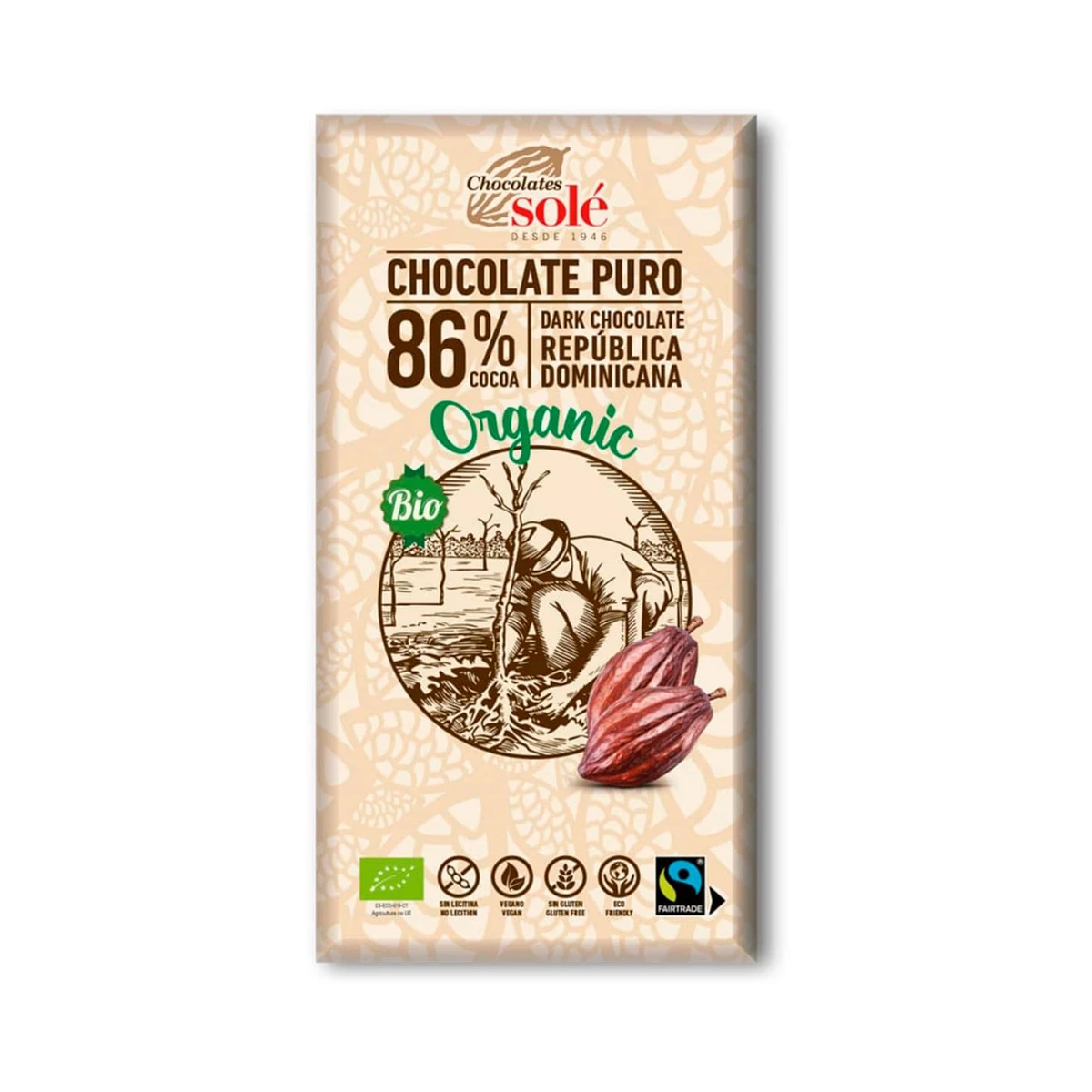 tableta de chocolate negro 86% 100 g ecológico de chocolates solé en su envoltorio