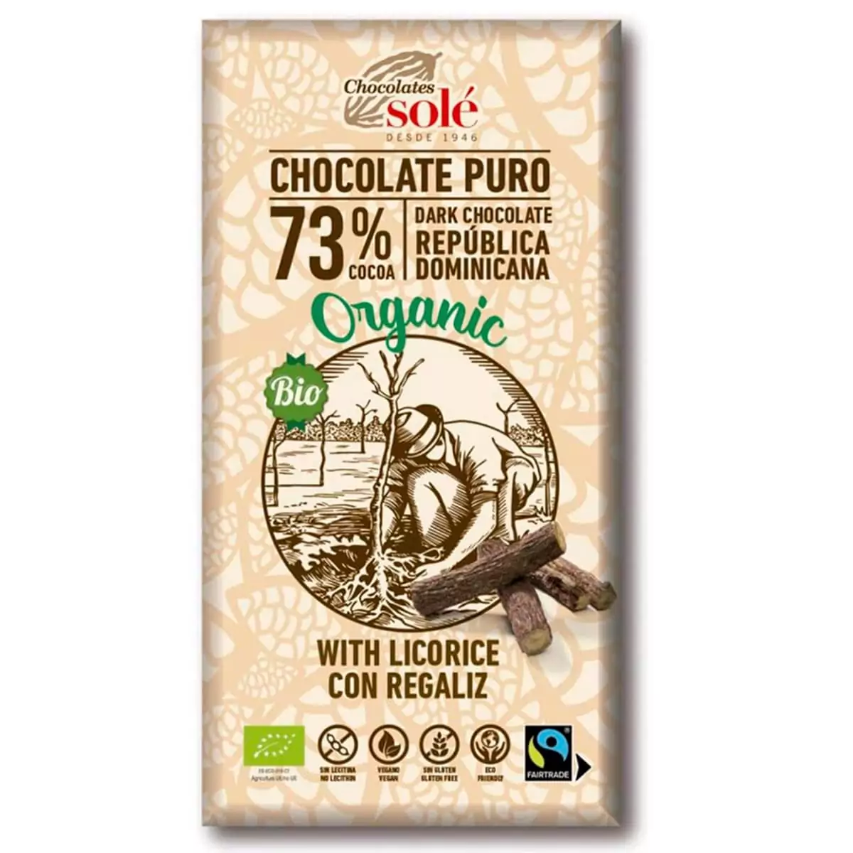 Chocolate puro con Regaliz, 73% Cacao BIO