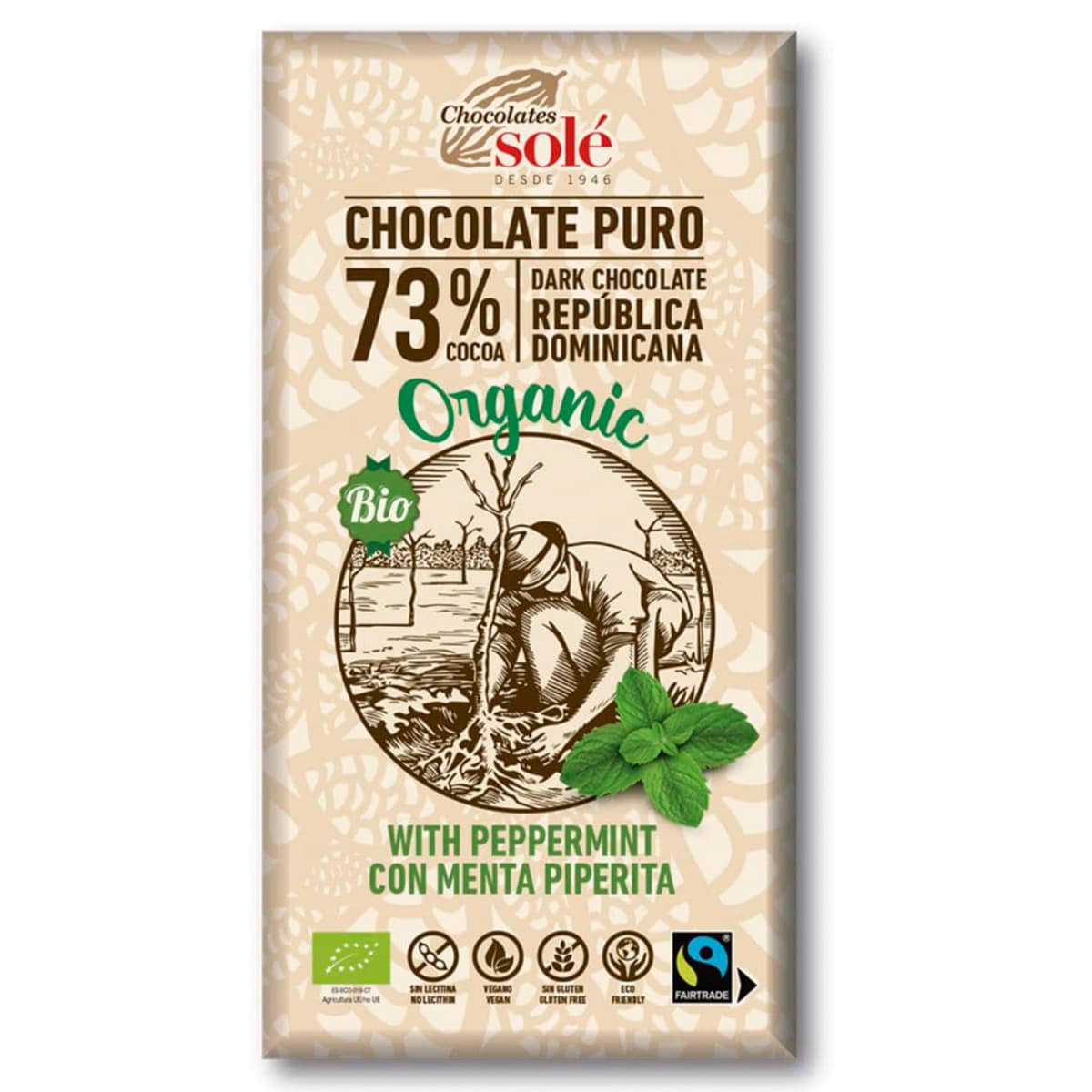 Chocolate puro con menta piperita, 73% Cacao BIO