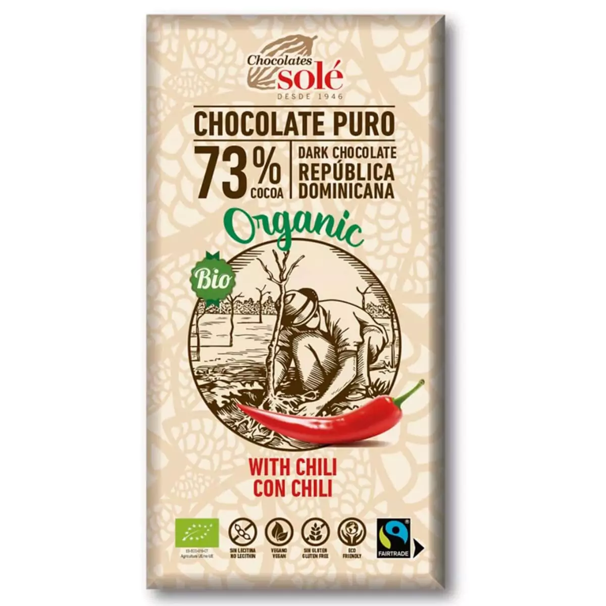 Chocolate puro con Chili, 73% de Cacao BIO