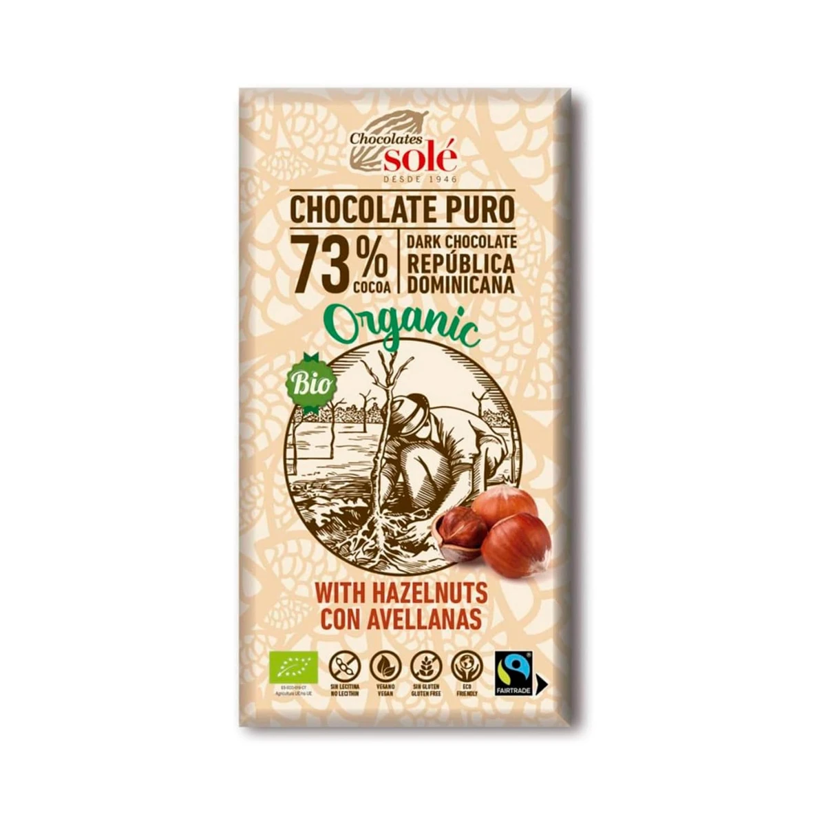tableta de chocolate negro 73% con avellanas 150 g ecológico de chocolates solé en su envoltorio