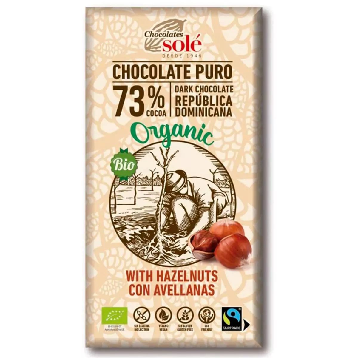 Chocolate puro con avellanas, 73% de Cacao BIO