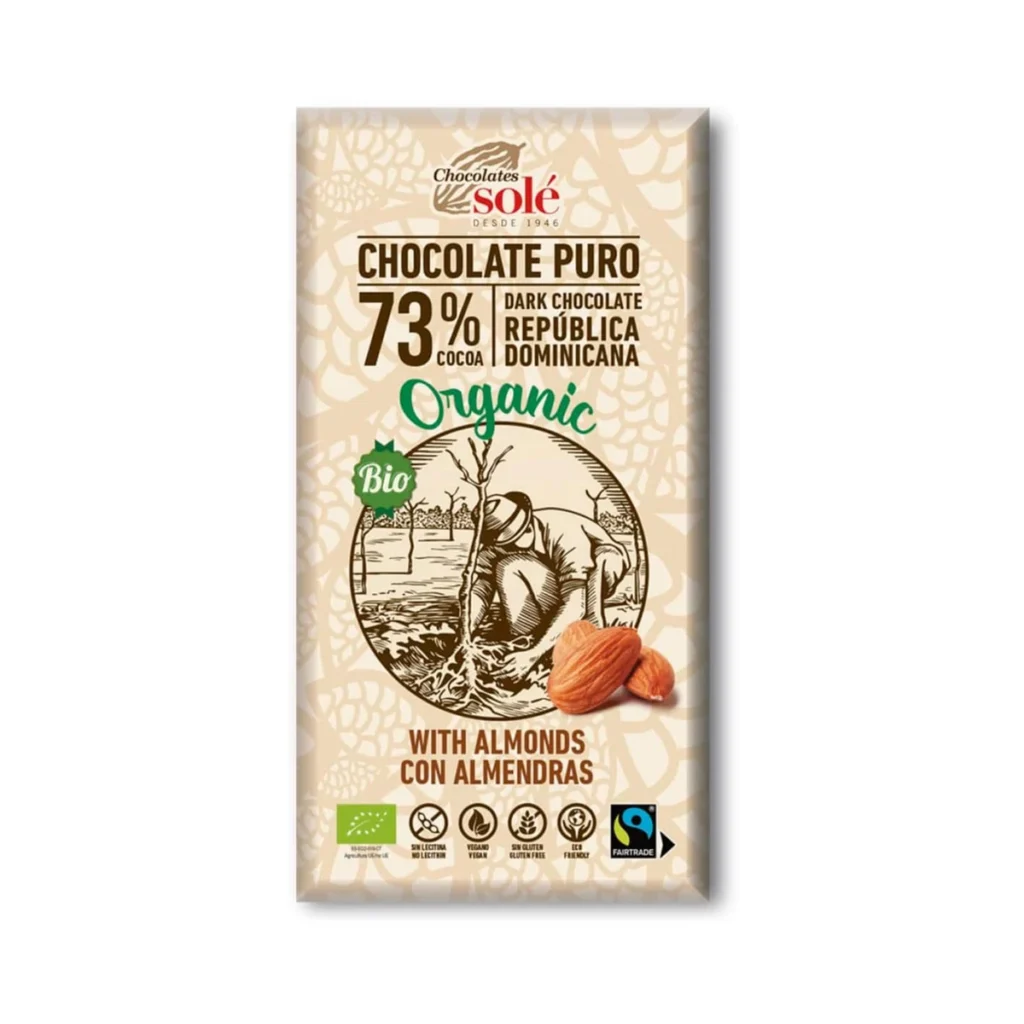 tableta de chocolate negro 73% con almendras 150 g ecológico de chocolates solé en su envoltorio