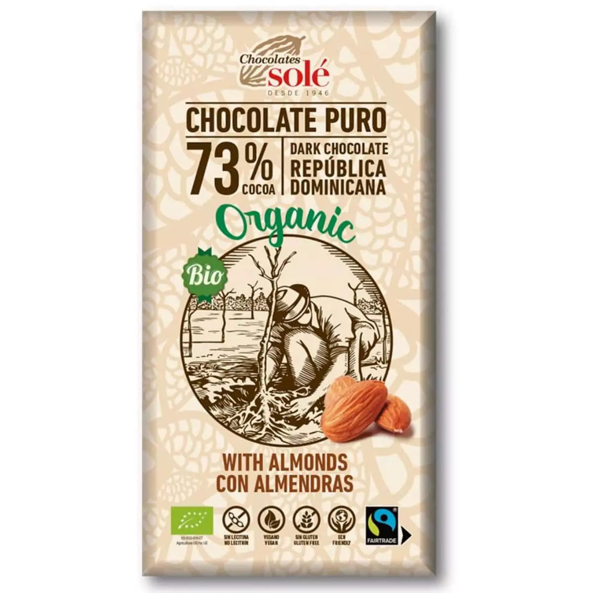 Chocolate puro con almendras, 73% Cacao BIO