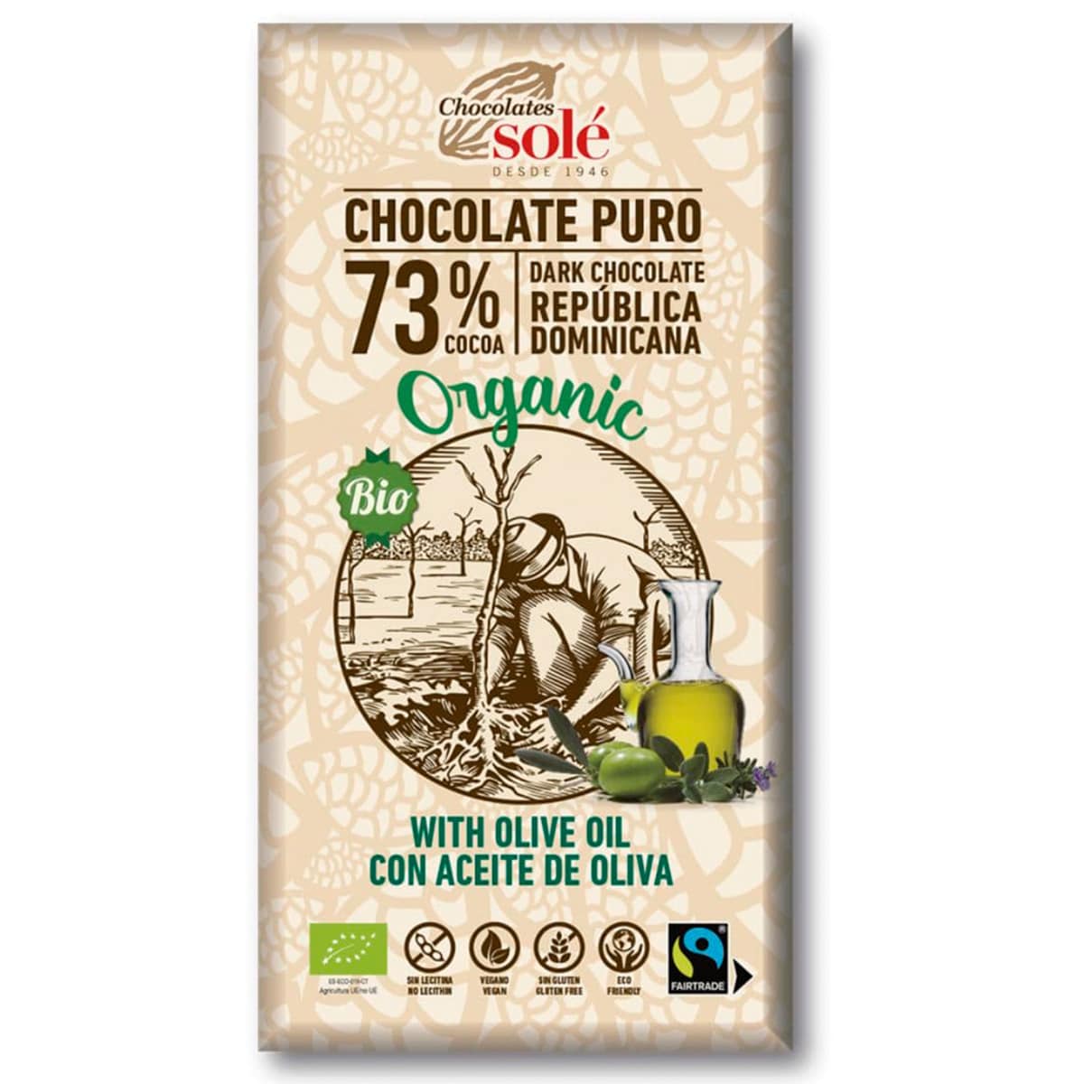Chocolate puro aceite de oliva, 73% de Cacao BIO