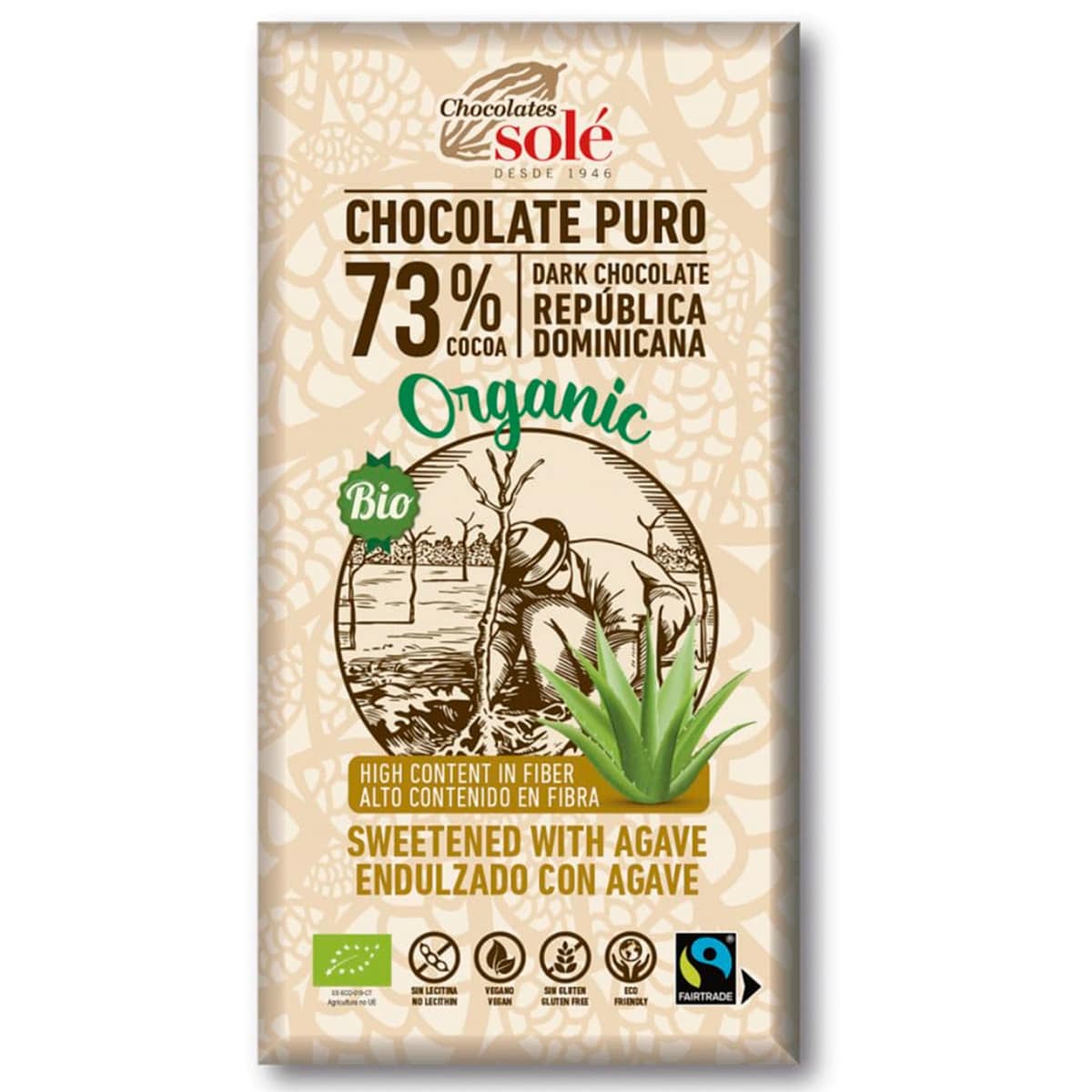 Chocolate puro endulzado con Agave, 73% Cacao