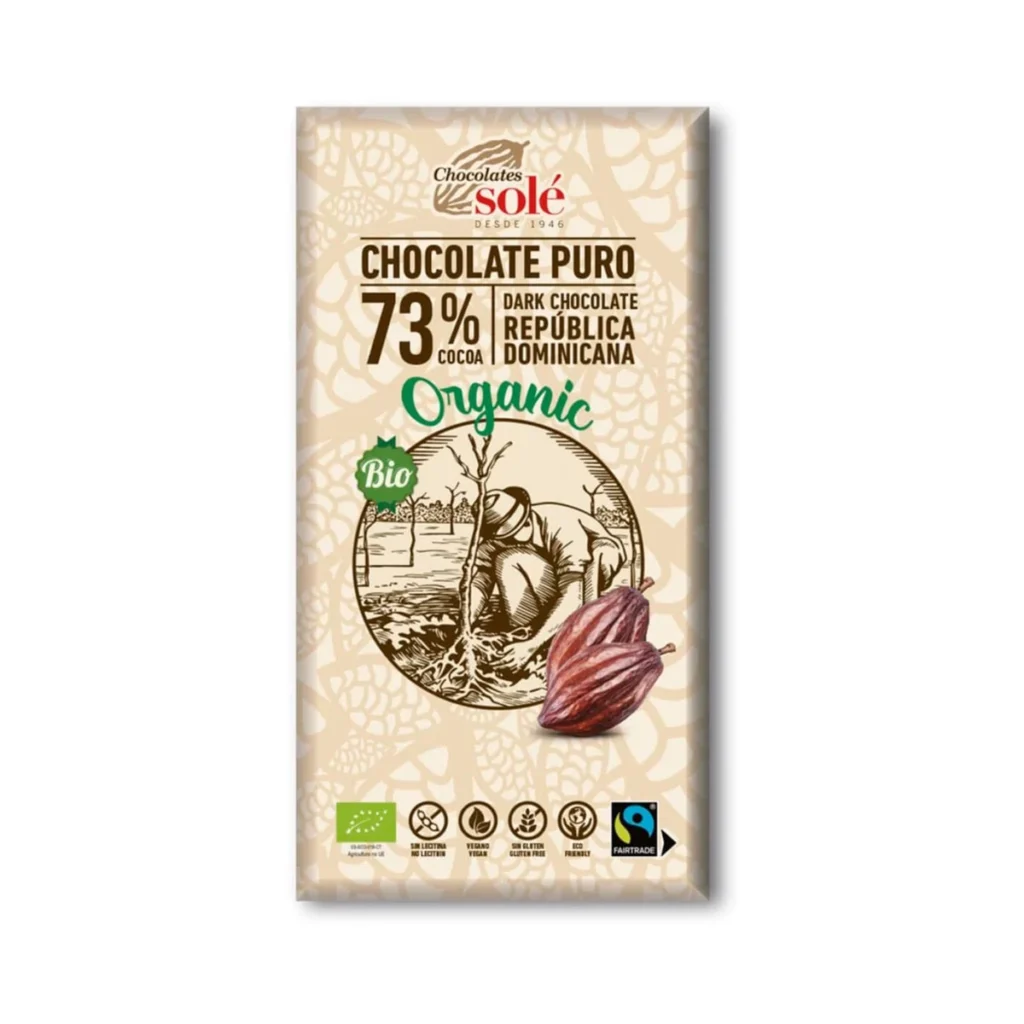 tableta de chocolate negro 73% 100 g ecológico de chocolates solé en su envoltorio