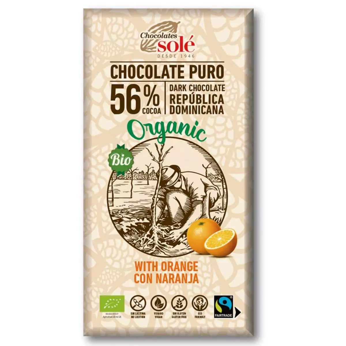 Chocolate puro con naranja, 56% de Cacao BIO