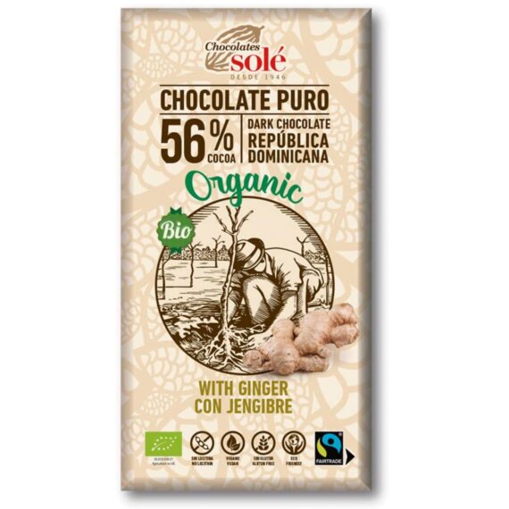 Chocolate puro con Jengibre, 56% de Cacao