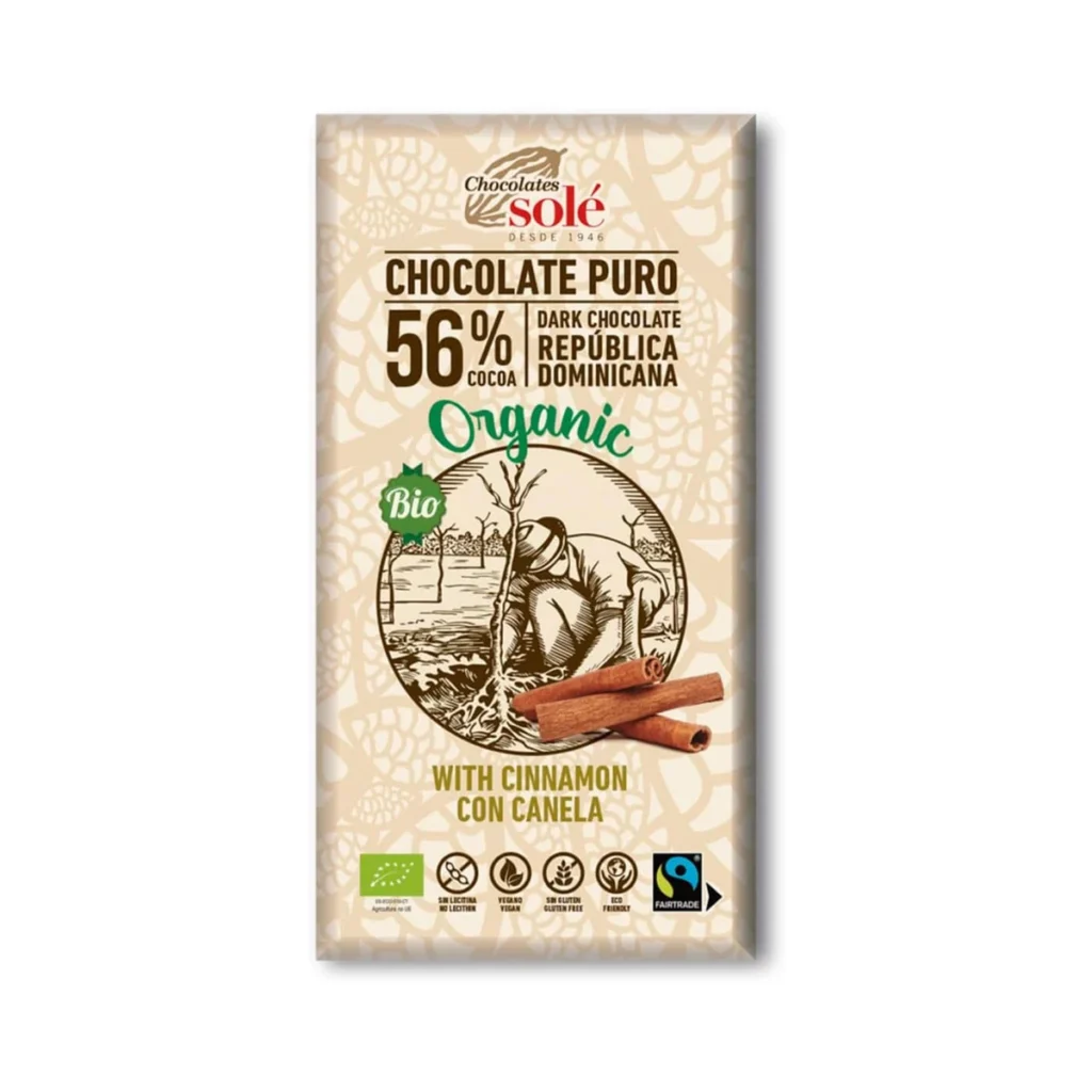 tableta de chocolate negro 56% con canela 100 g ecológico de chocolates solé en su envoltorio