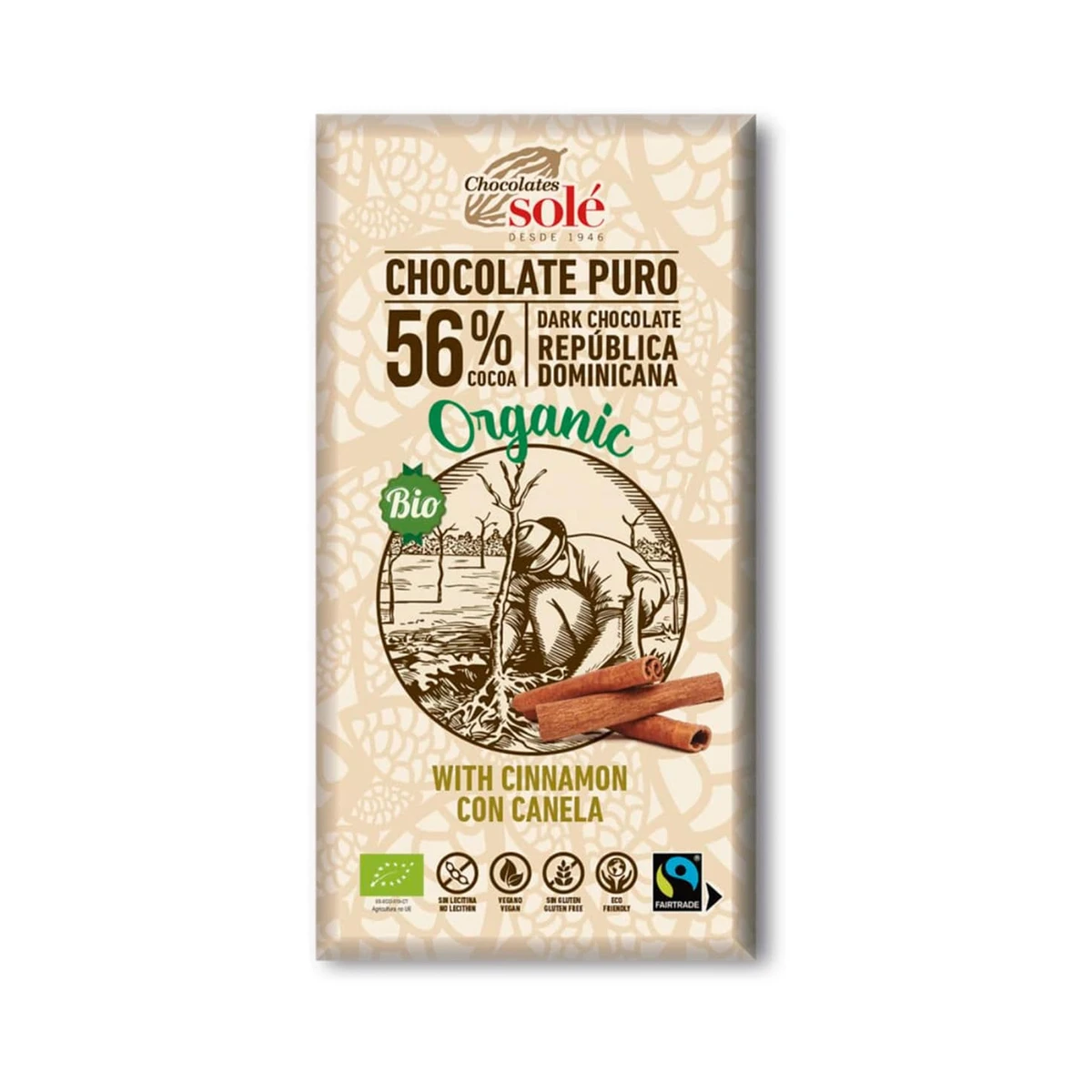 tableta de chocolate negro 56% con canela 100 g ecológico de chocolates solé en su envoltorio