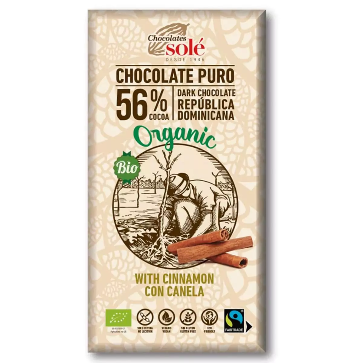Chocolate ouro con canela, 56% de Cacao BIO