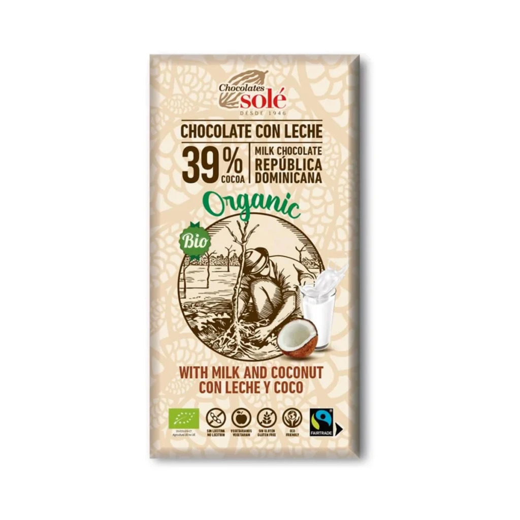tableta de chocolate con leche 39% y coco 100 g ecológico de chocolates solé en su envoltorio