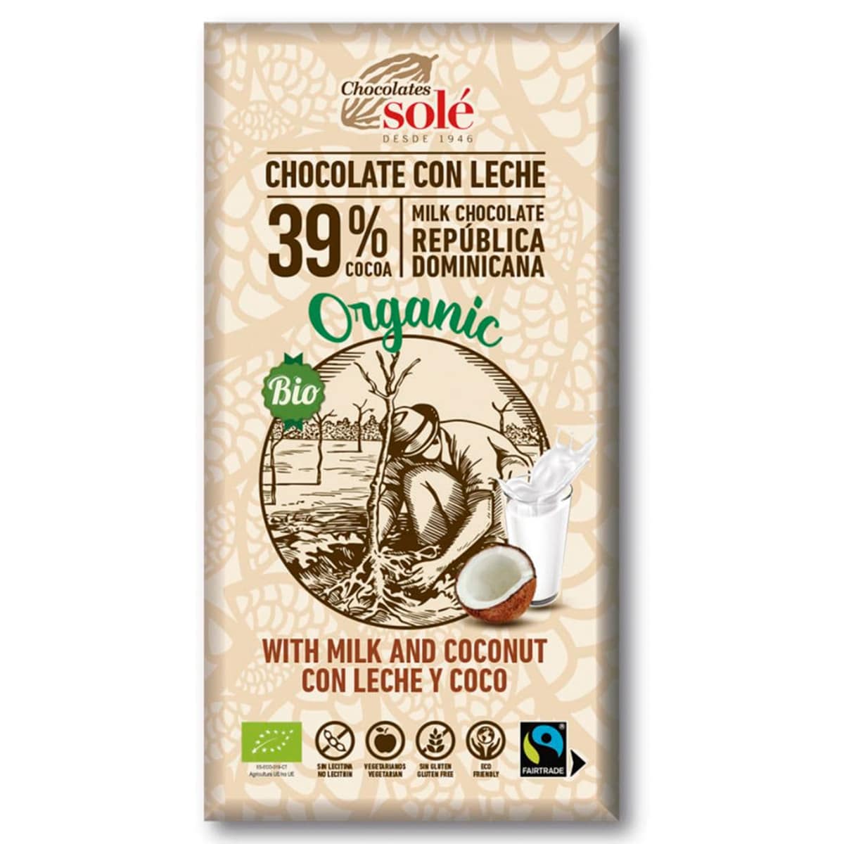 Chocolate con leche y coco, 39% Cacao BIO