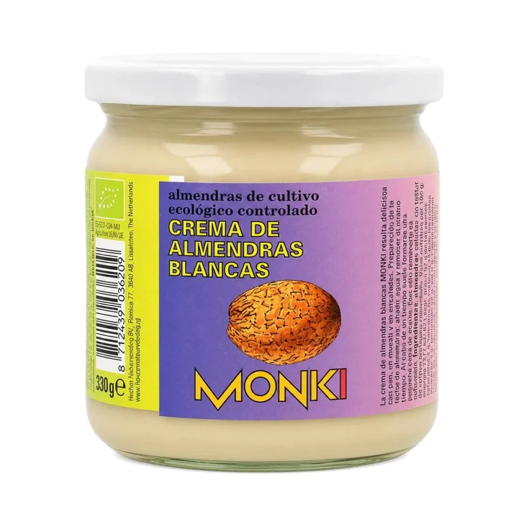 tarro de cristal de crema de almendras blancas ecológica monki