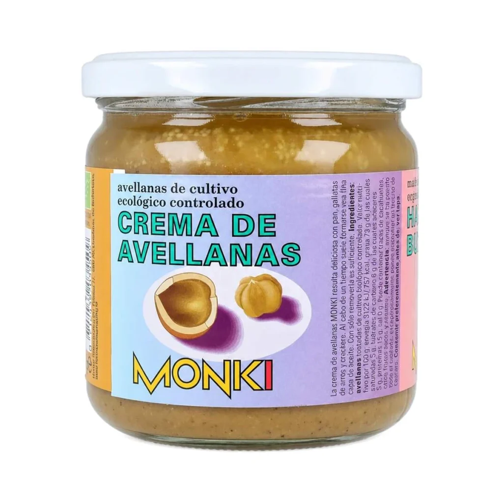 tarro de cristal de crema de avellanas ecológica monki